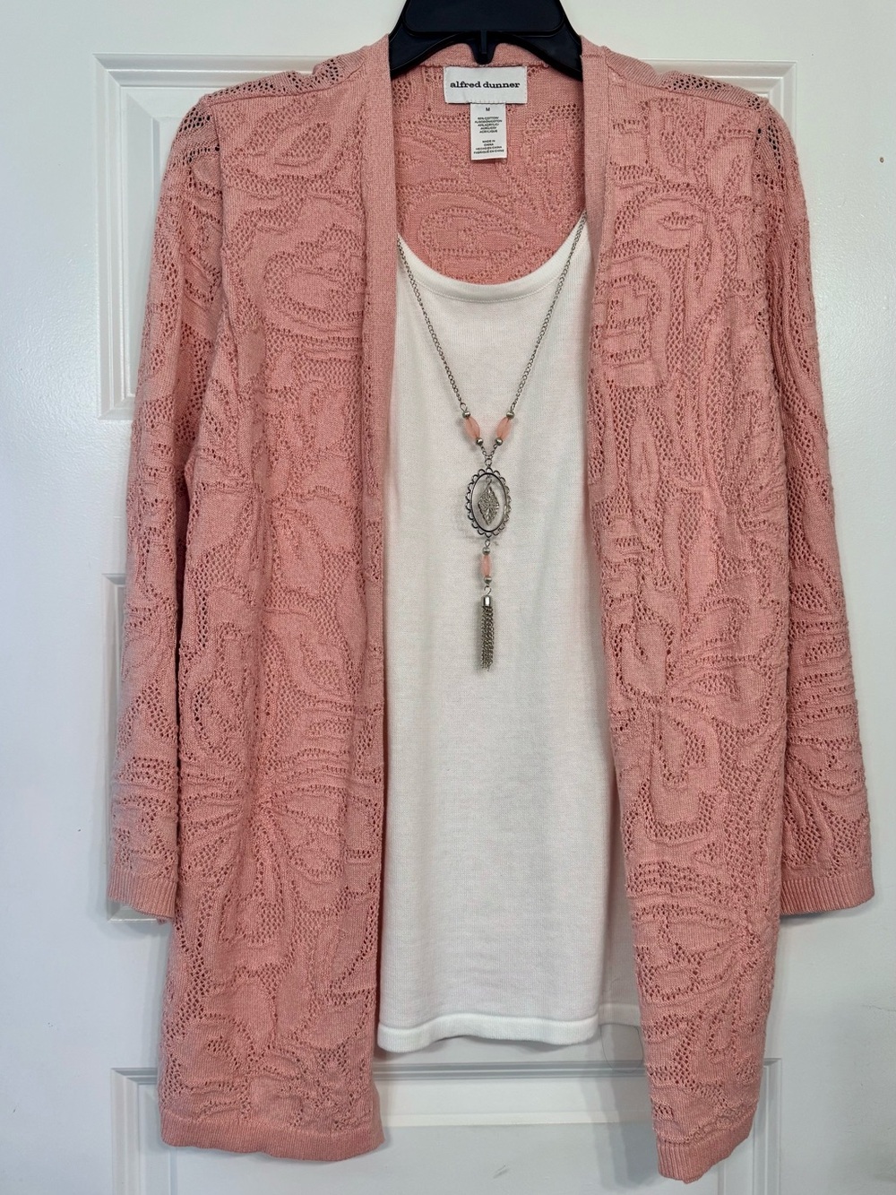 Alfred Dunner Dusty Rose Open-Front Lace Knit Cardigan